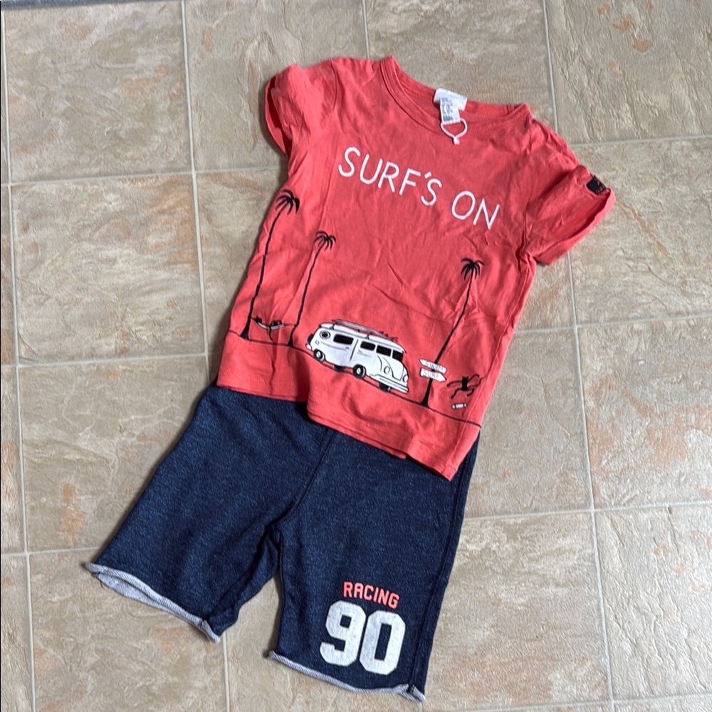 Coral Surf's On T-Shirt and Blue Racing Shorts Set!!